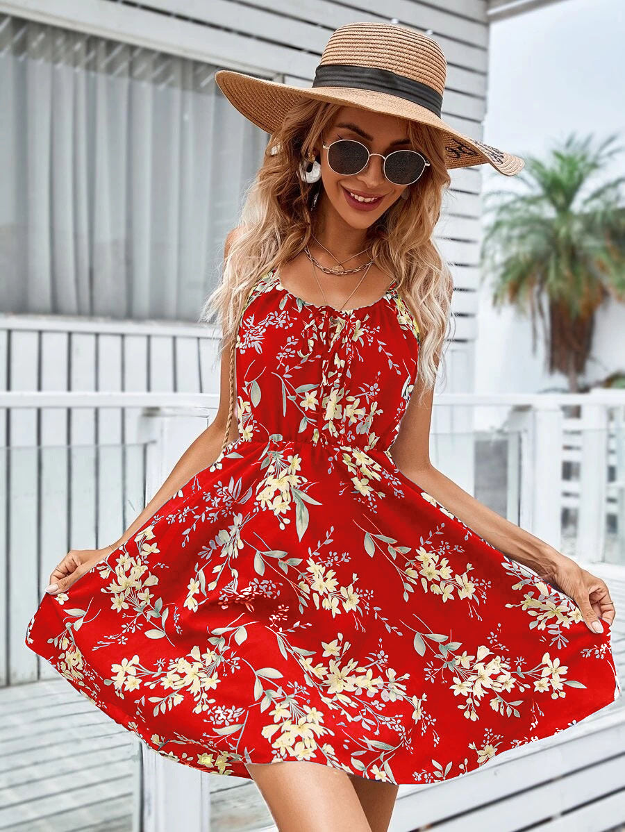 Floral Print Suspender Dress with Elastic Waist Design Fashion Summer Short Dresses Womens Clothing