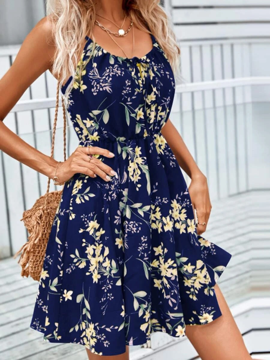 Floral Print Suspender Dress with Elastic Waist Design Fashion Summer Short Dresses Womens Clothing